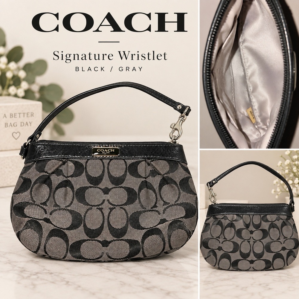 Coach Signature Jacquard Wristlet Black Grey C Logo Leather Trim Handbag Small